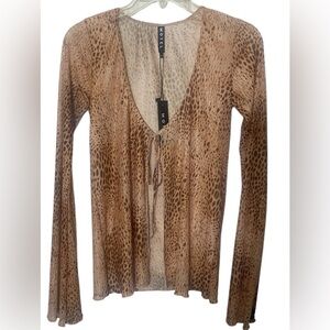 Motel Leony Cardi Sand Leopard Mesh Tie in Front Top Size Medium